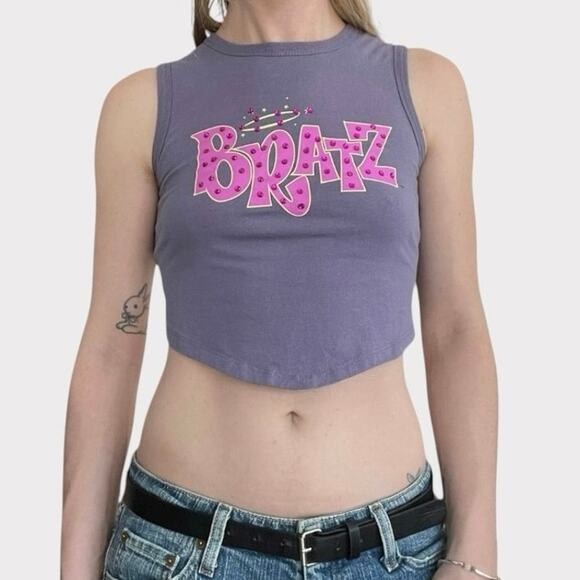 Bratz Purple Graphic Sequin Cropped Cutout Open Tie Back Tank Top - Picture 1 of 7